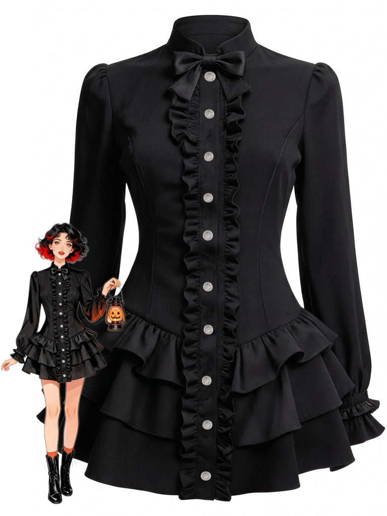 Robe courte noire à col montant et volants étagés années 1960