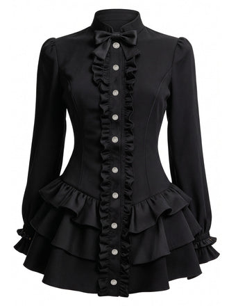 Robe courte noire à col montant et volants étagés années 1960