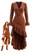Robe marron à col V et ourlet volanté asymétrique années 1940