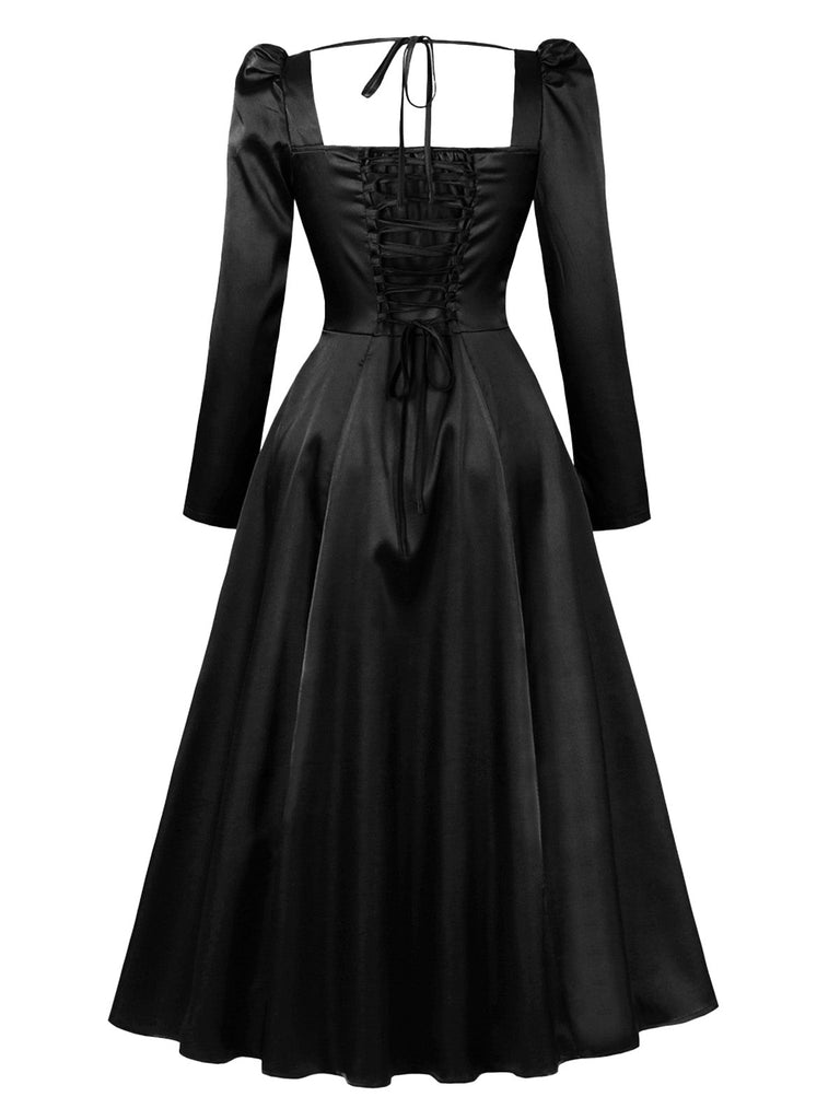 Robe midi rouge à col carré, manches bouffantes et corset années 1940