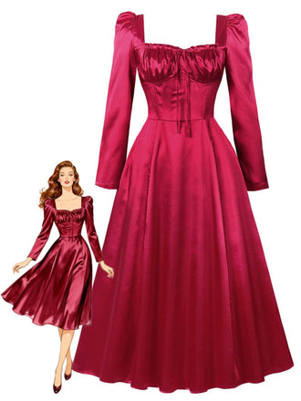 Robe midi rouge à col carré, manches bouffantes et corset années 1940