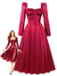 Robe midi rouge à col carré manches bouffantes et corset années 1940