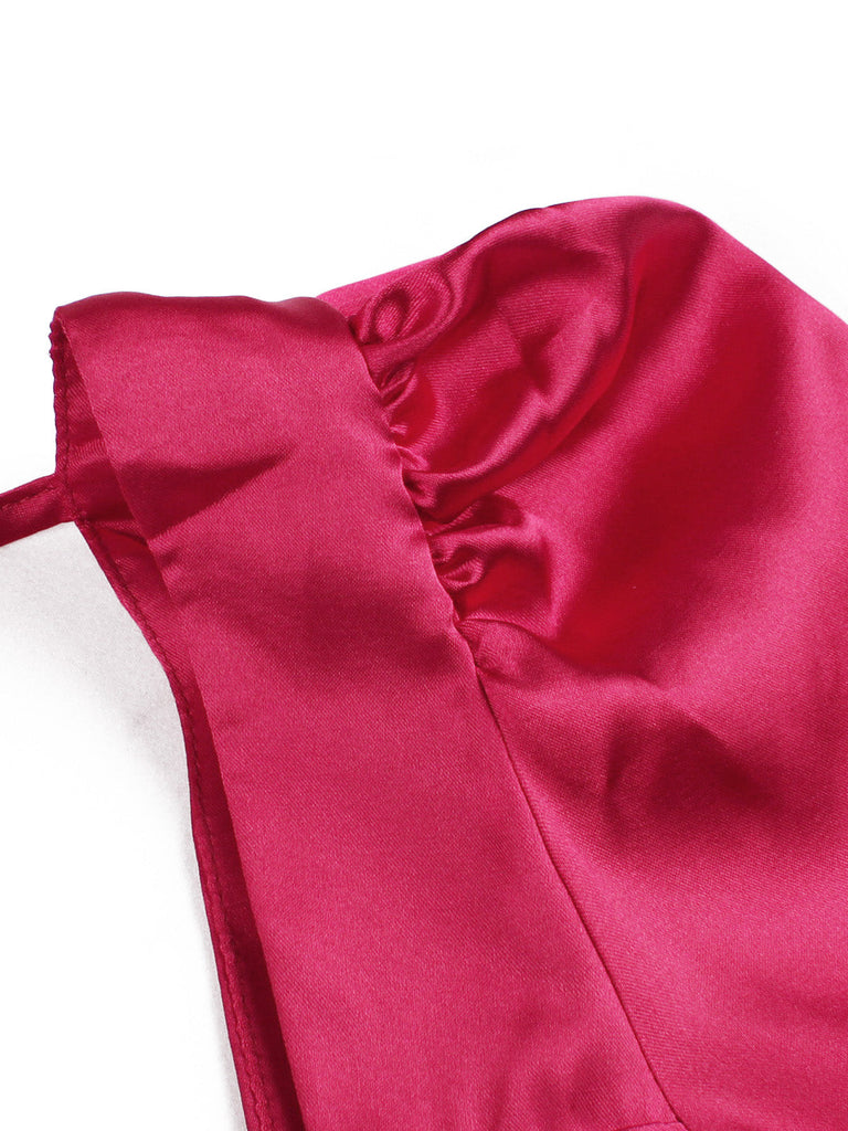 Robe midi rouge à col carré, manches bouffantes et corset années 1940