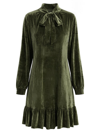 Robe courte vert foncé en velours à nœud et volants années 1970