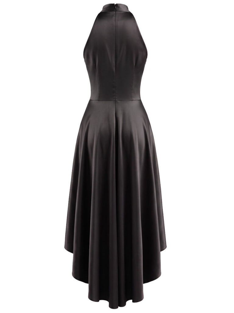 Robe en satin dos nu Halter à col V, nœud à la taille et ourlet asymétrique années 1950