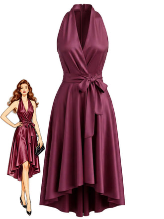 Robe en satin dos nu Halter à col V, nœud à la taille et ourlet asymétrique années 1950