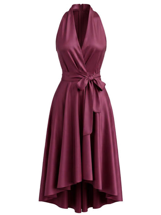 Robe en satin dos nu Halter à col V, nœud à la taille et ourlet asymétrique années 1950