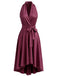Robe en satin dos nu Halter à col V, nœud à la taille et ourlet asymétrique années 1950
