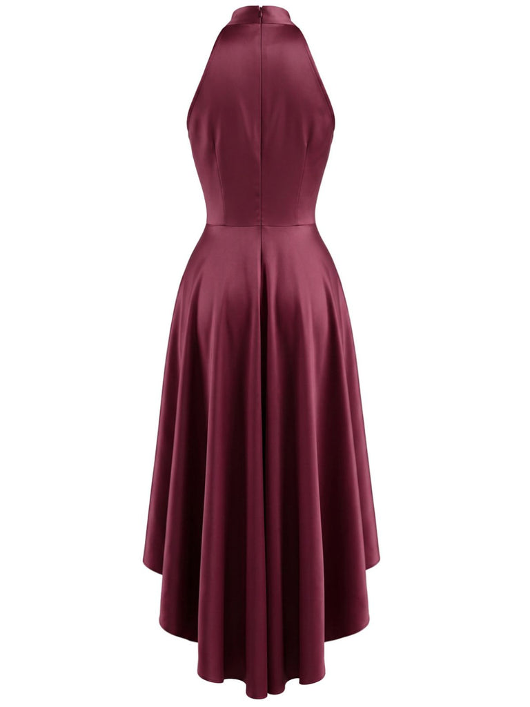 Robe en satin dos nu Halter à col V, nœud à la taille et ourlet asymétrique années 1950