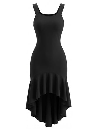 Robe noire à col dégagé et ourlet volanté asymétrique années 1930