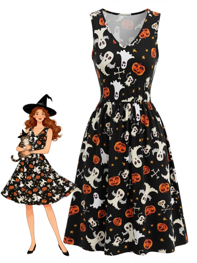 Robe noire d’Halloween à imprimé fantôme et citrouille années 1940