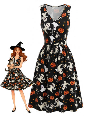 Robe noire d’Halloween à imprimé fantôme et citrouille années 1940