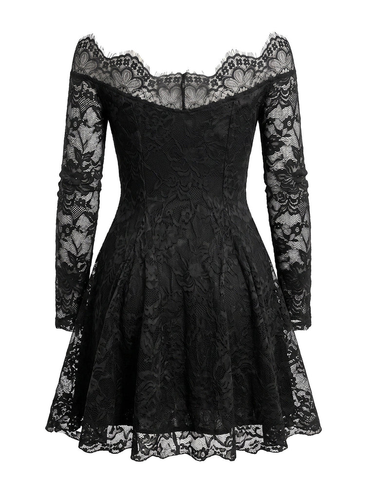 Robe noire à épaules dénudées, dentelle fleurie et effet illusion années 1950