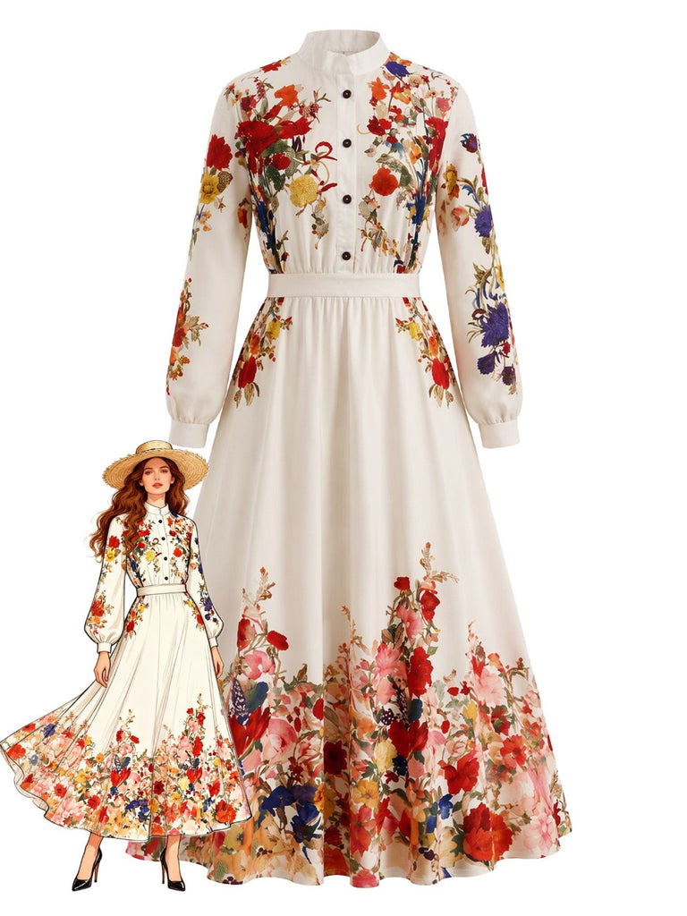 Robe longue beige à fleurs, col montant et manches ballon années 1970