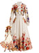 Robe longue beige à fleurs, col montant et manches ballon années 1970