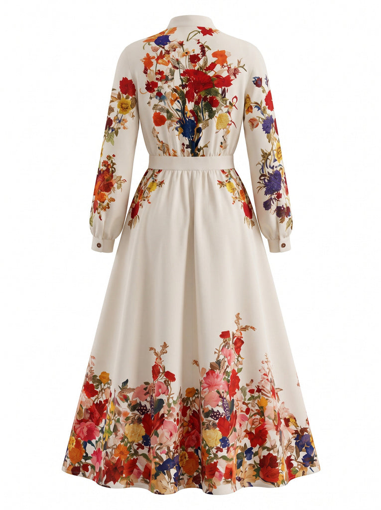 Robe longue beige à fleurs, col montant et manches ballon années 1970