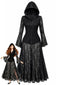 Robe longue gothique noire dentelle capuche et manches évasées années 80