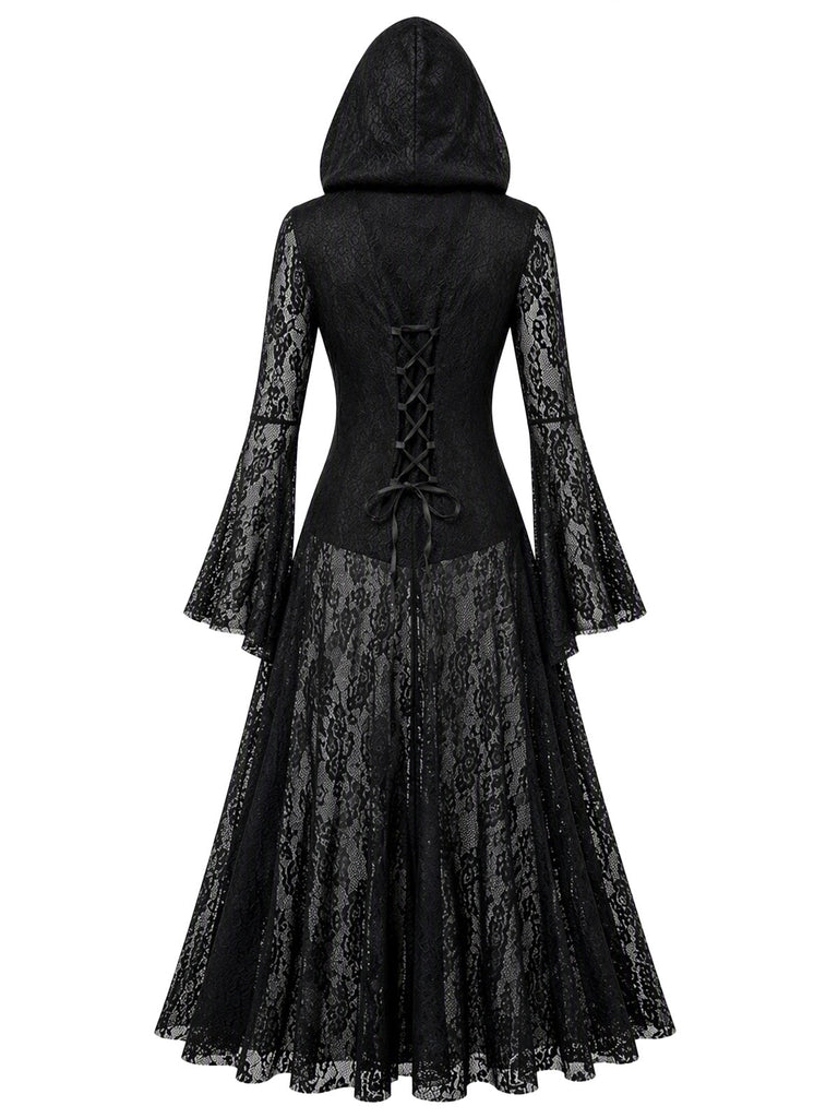 Robe longue gothique noire en dentelle à capuche et manches cloche années 1980