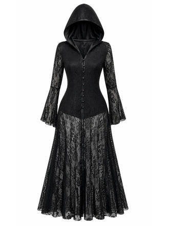 Robe longue gothique noire en dentelle à capuche et manches cloche années 1980