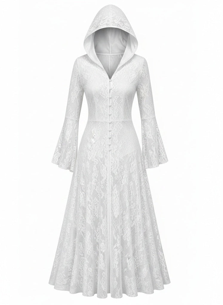Robe longue gothique noire en dentelle à capuche et manches cloche années 1980