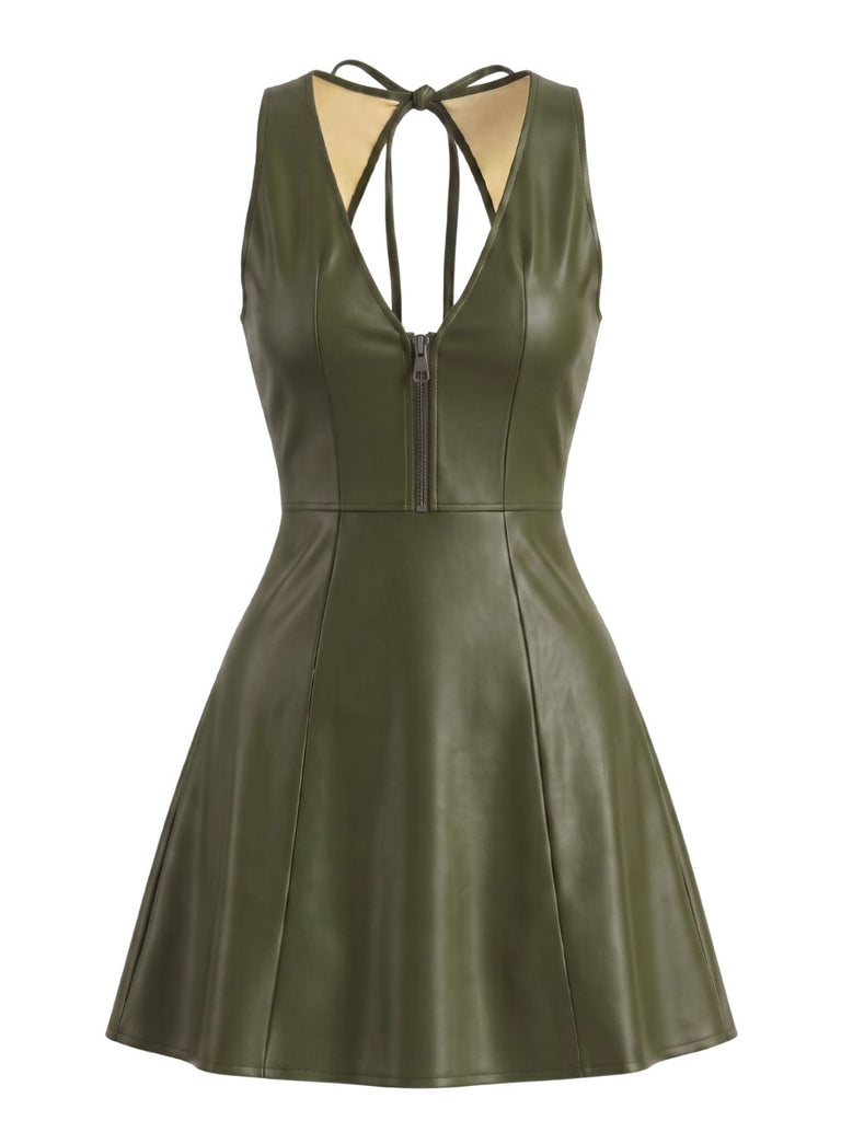 Robe évasée en cuir PU à col V et dos ajouré années 1960
