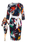 Robe crayon moulante multicolore à motif abstrait et ceinture années 1960