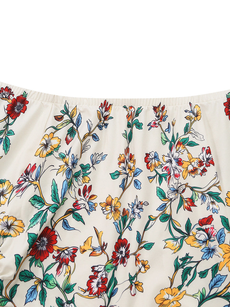 Robe beige moulante à fleurs et épaules dénudées années 1960