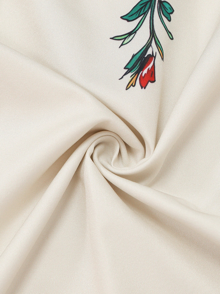 Robe beige moulante à fleurs et épaules dénudées années 1960
