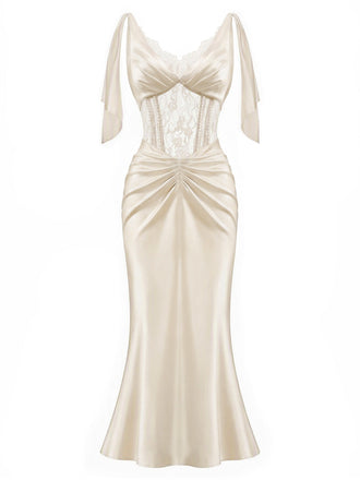 [Prévente] Nuisette longue champagne en satin à corset, dentelle et perles années 1930