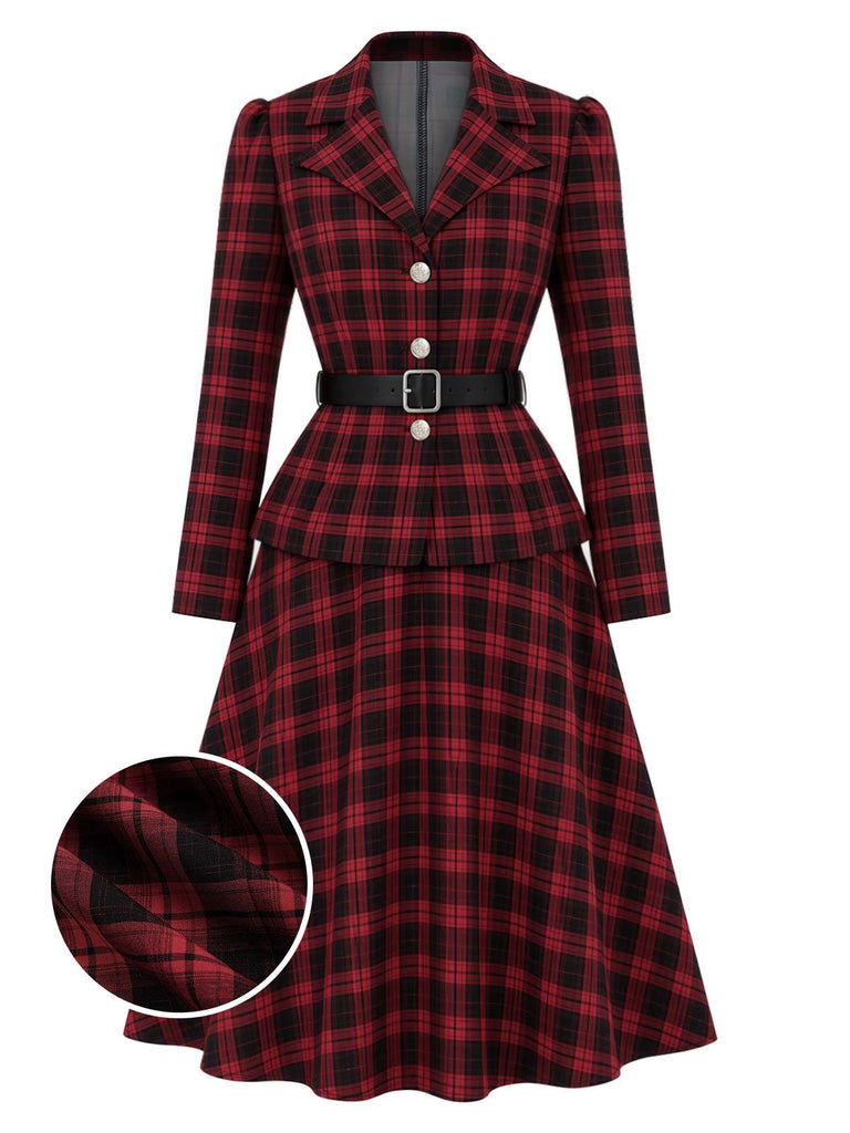 [Prévente] 2PCS Blazer noir et rouge à carreaux et jupe années 1950