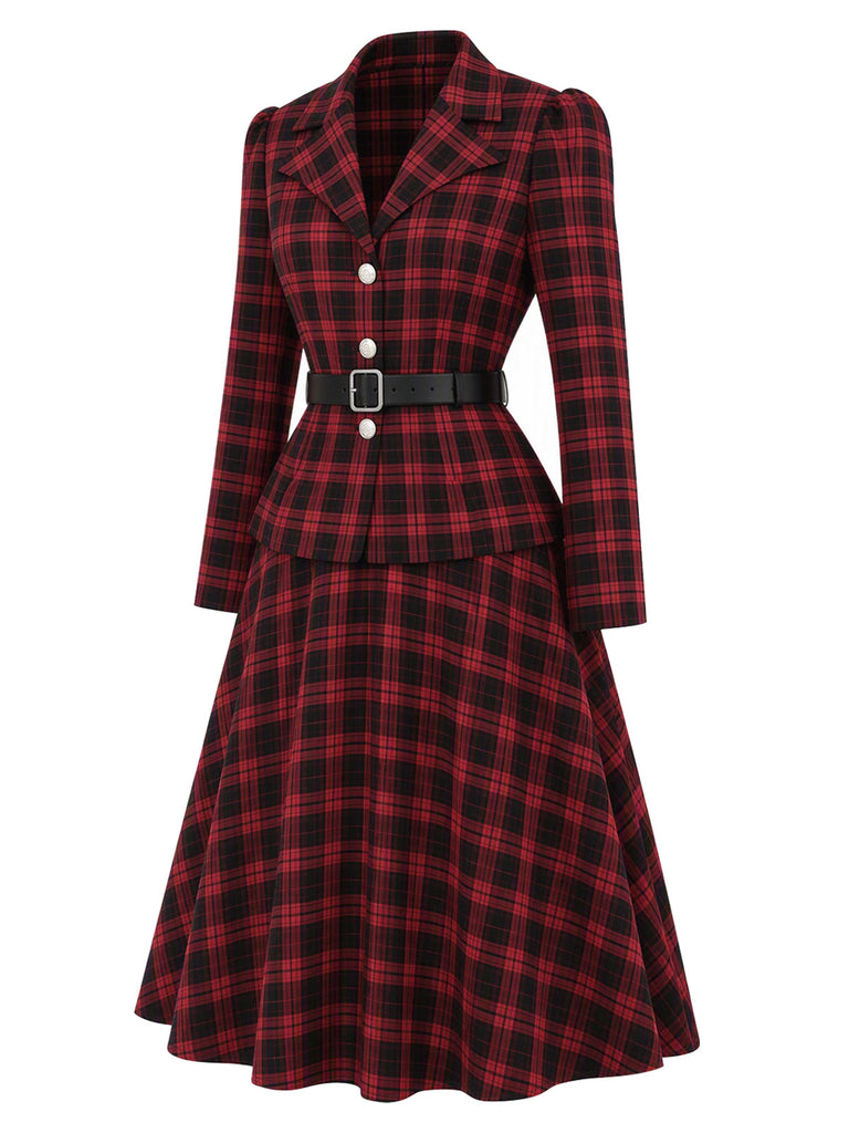 [Prévente] Ensemble 2PCS blouse à carreaux, revers et ceinture avec jupe années 1950