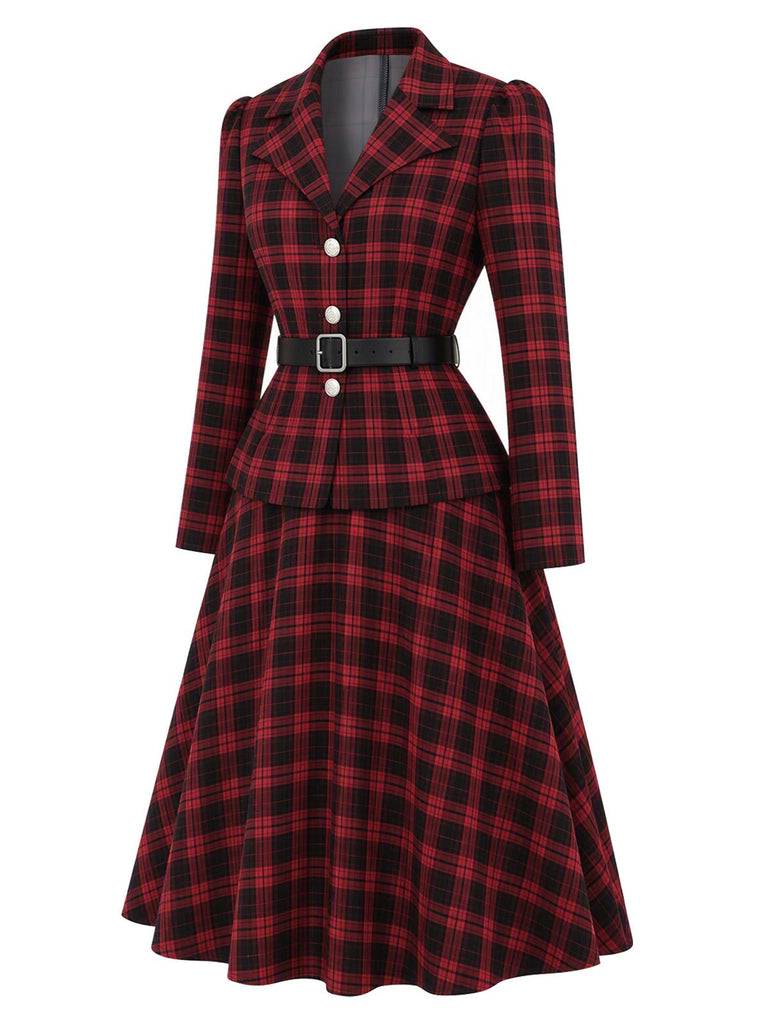 [Prévente] 2PCS Blazer noir et rouge à carreaux et jupe années 1950