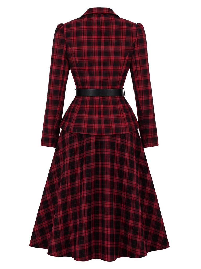 [Prévente] Ensemble 2PCS blouse à carreaux, revers et ceinture avec jupe années 1950
