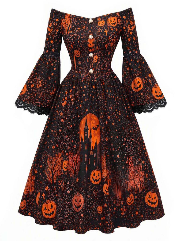 [Prévente] Robe noire d’Halloween imprimée à épaules dénudées et manches cloche années 1950