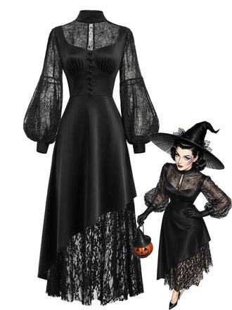 [Prévente] Robe noire asymétrique en dentelle à toile d’araignée années 1930