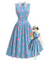 [Prévente] Robe bleue sans manches col dentelle florale et ceinture années 1950