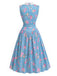 [Prévente] Robe bleue à fleurs, col en dentelle et ceinture années 1950