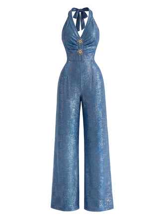 [Prévente] Combinaison bleue scintillante dos nu Halter, col V, boutons soleil et jambes larges années 1970