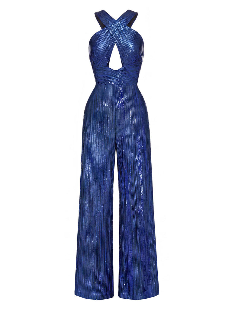 [Prévente] Combinaison bleue scintillante à perles, sequins, découpes croisées et jambes larges années 1970