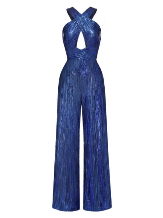 [Prévente] Combinaison bleue scintillante à perles, sequins, découpes croisées et jambes larges années 1970
