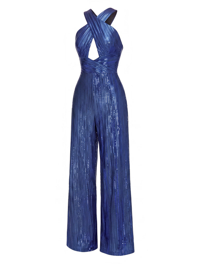 [Prévente] Combinaison bleue scintillante à perles, sequins, découpes croisées et jambes larges années 1970