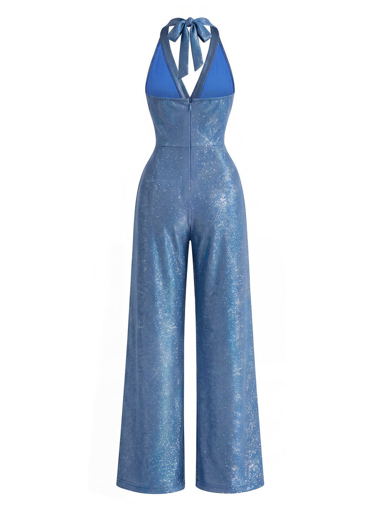 [Prévente] Combinaison bleue scintillante dos nu Halter, col V, boutons soleil et jambes larges années 1970
