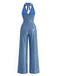 [Prévente] Combinaison bleue scintillante dos nu Halter, col V, boutons soleil et jambes larges années 1970