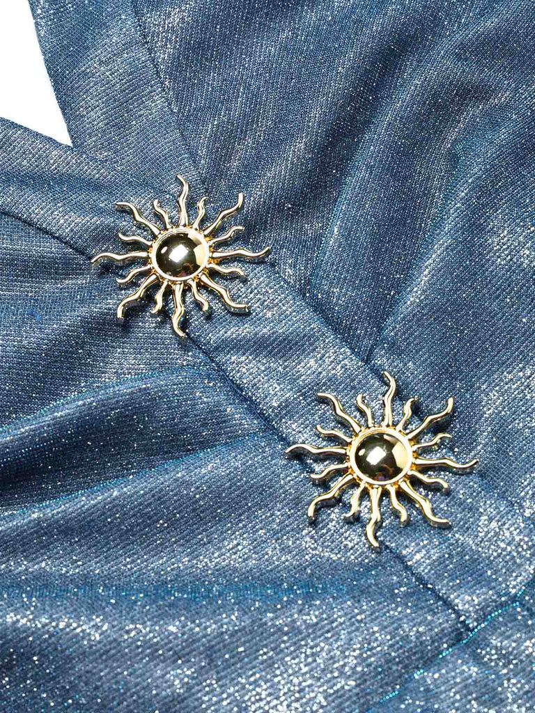 [Prévente] Combinaison bleue scintillante dos nu Halter, col V, boutons soleil et jambes larges années 1970