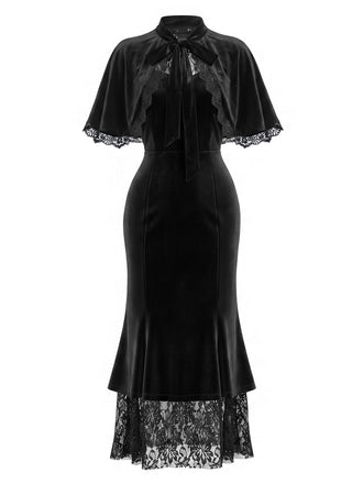 [Prévente] Robe sirène noire en velours et dentelle avec cape à volants Années 1930 - 2