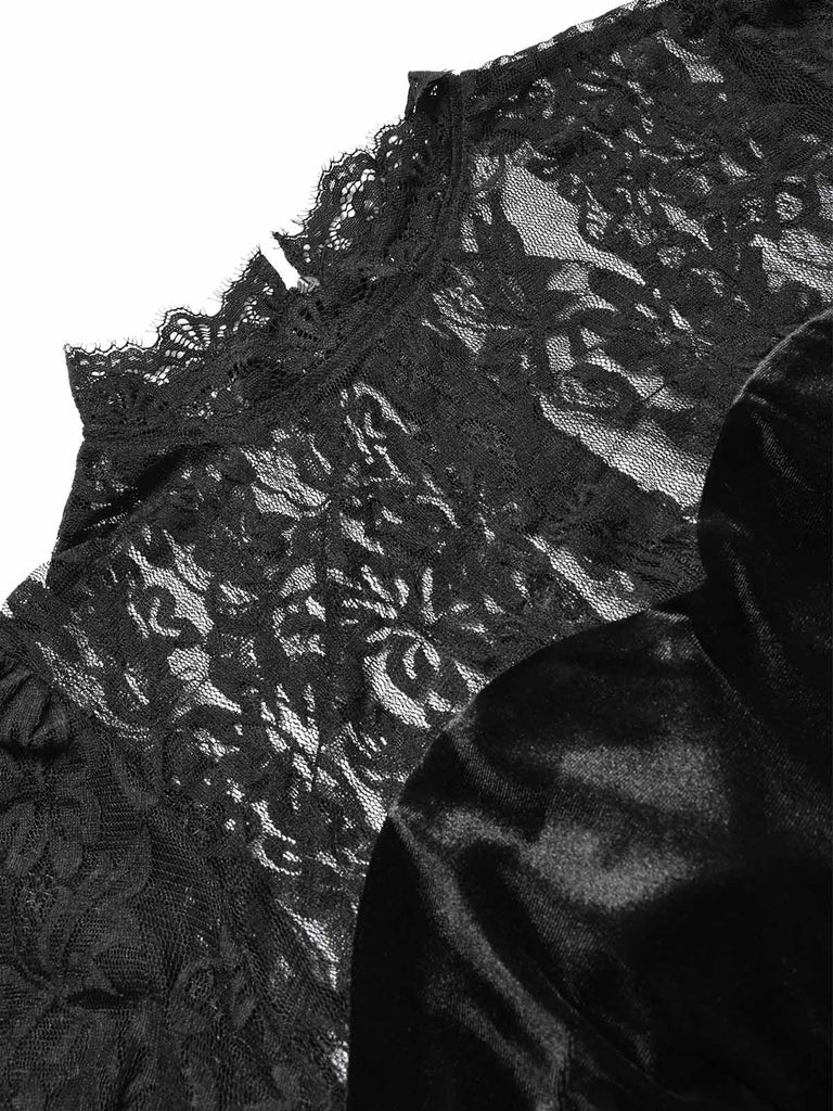 [Prévente] Robe sirène noire en velours et dentelle avec cape à volants Années 1930 - 10