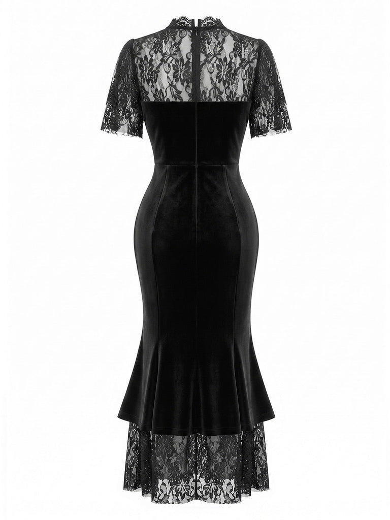 [Prévente] Robe sirène noire en velours et dentelle avec cape à volants Années 1930 - 8
