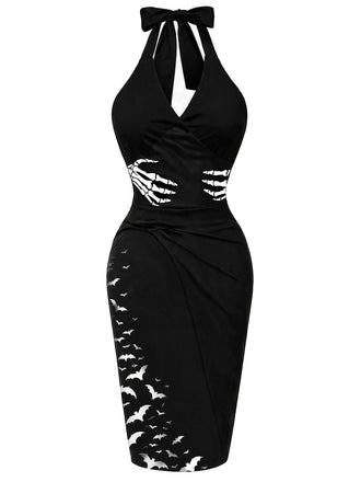[Prévente] Robe crayon noire dos nu Halter à imprimé mains squelettes et chauves-souris années 1960