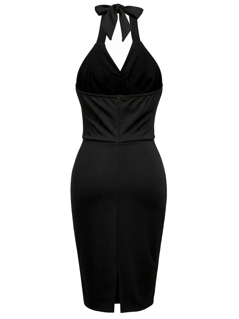 [Prévente] Robe crayon noire dos nu Halter à imprimé mains squelettes et chauves-souris années 1960