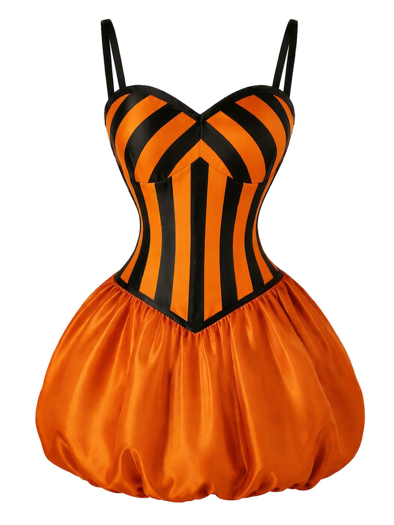 [Prévente] Robe boule orange d’Halloween à citrouilles, rayures et fines bretelles années 1950